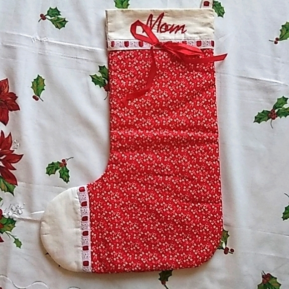 VINTAGE Hand Crafted Calico Christmas Stocking "Mom" Red - Picture 1 of 7